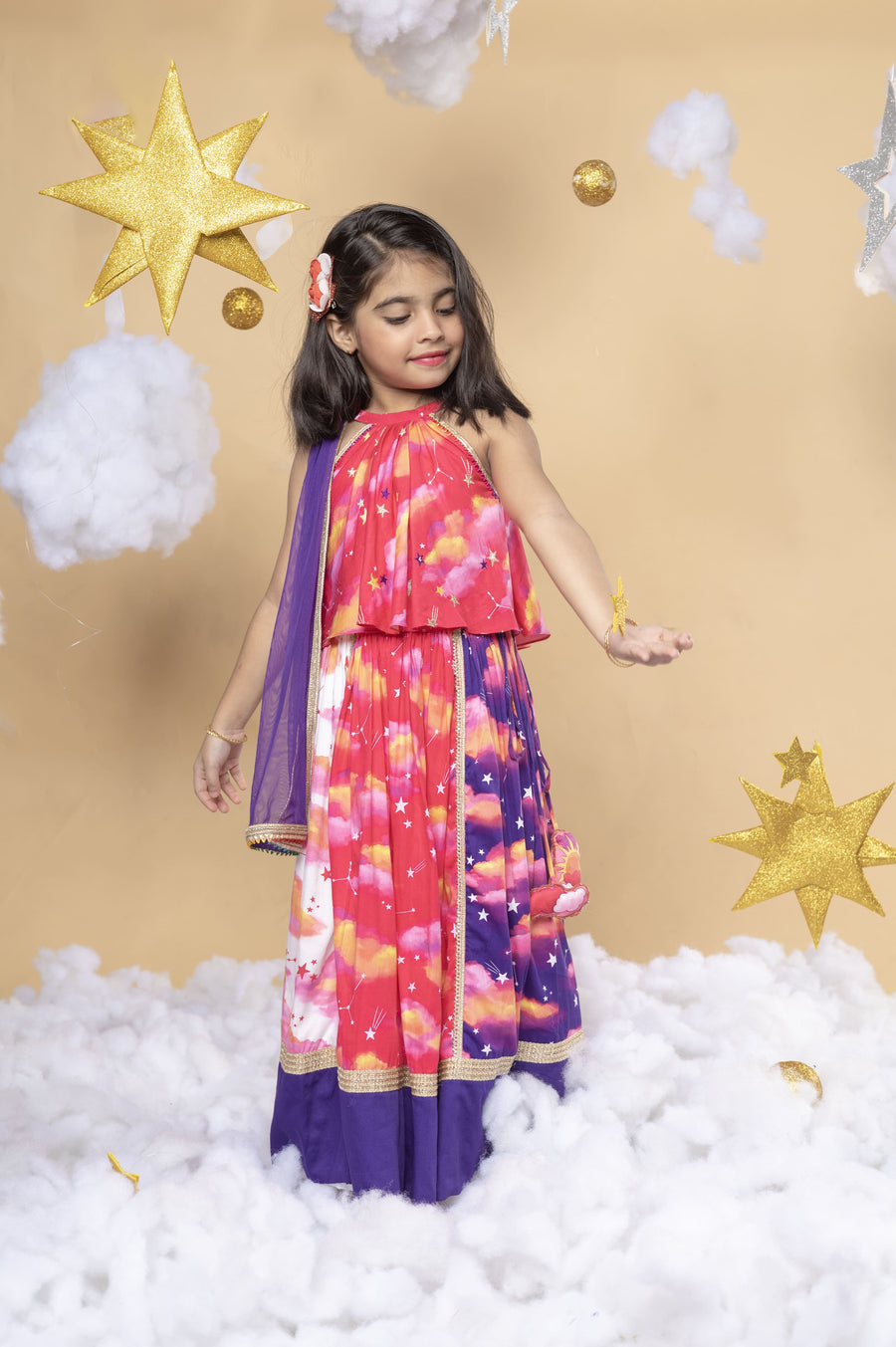 Sky Is A Miracle - Panelled Lehenga, Blouse and Dupatta Set