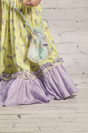 Yellow printed Lehenga with Frills, Blouse and Potli Bag Set