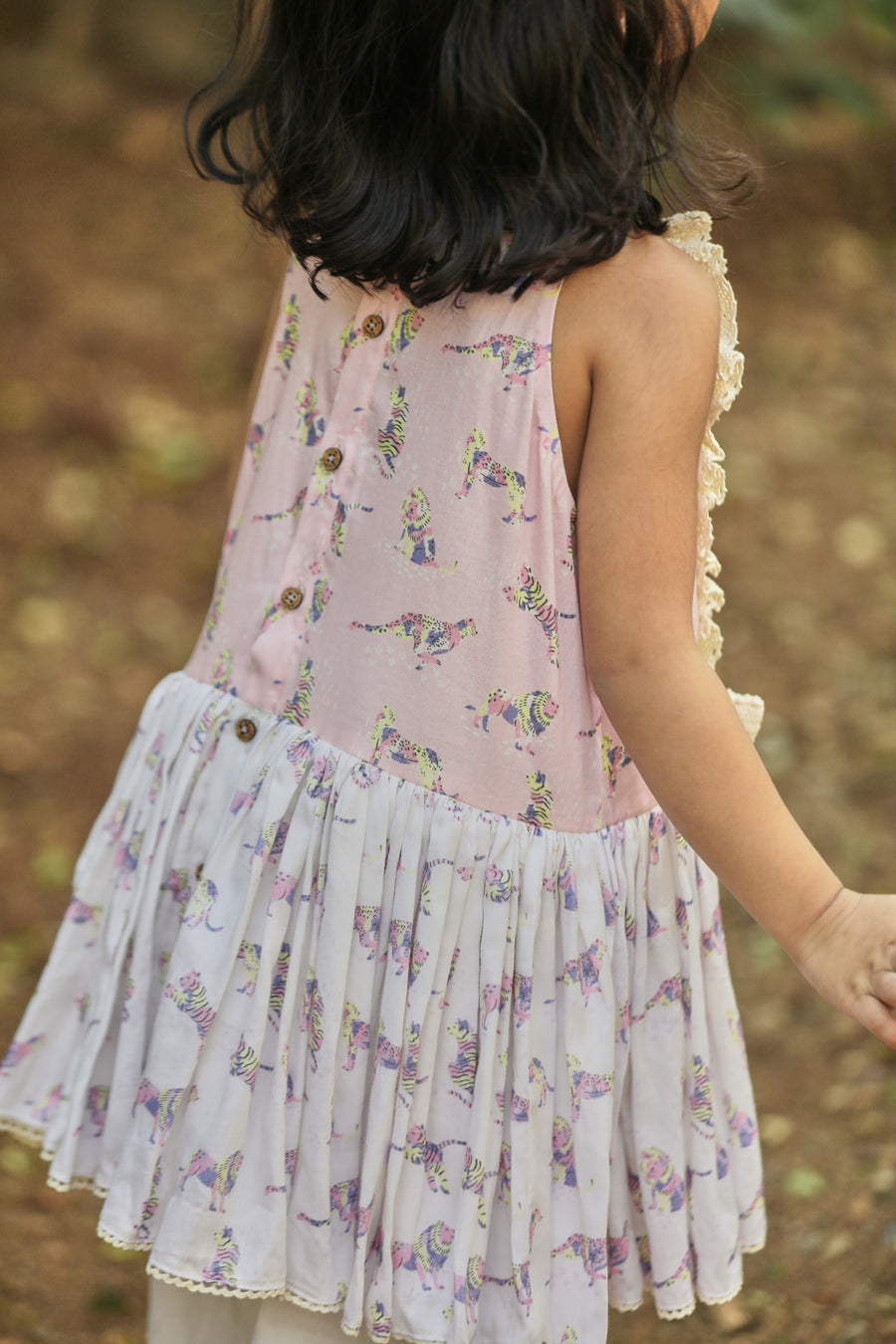 Off-white, Pink and Lavender Printed A-line kurta with Frills and Salwar