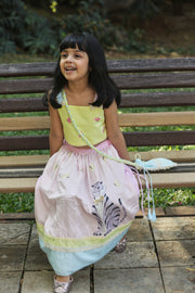 Tiger Print Yellow and Pink Lehenga, Strappy Blouse and Potli Bag Set