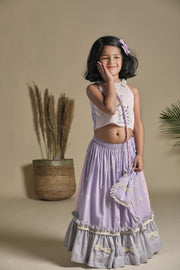 Pink and Lavender Lehenga with Frills, Blouse and Potli Bag Set