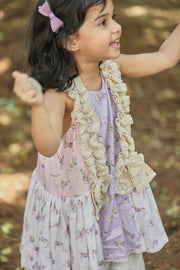 Off-white, Pink and Lavender Printed A-line kurta with Frills and Salwar