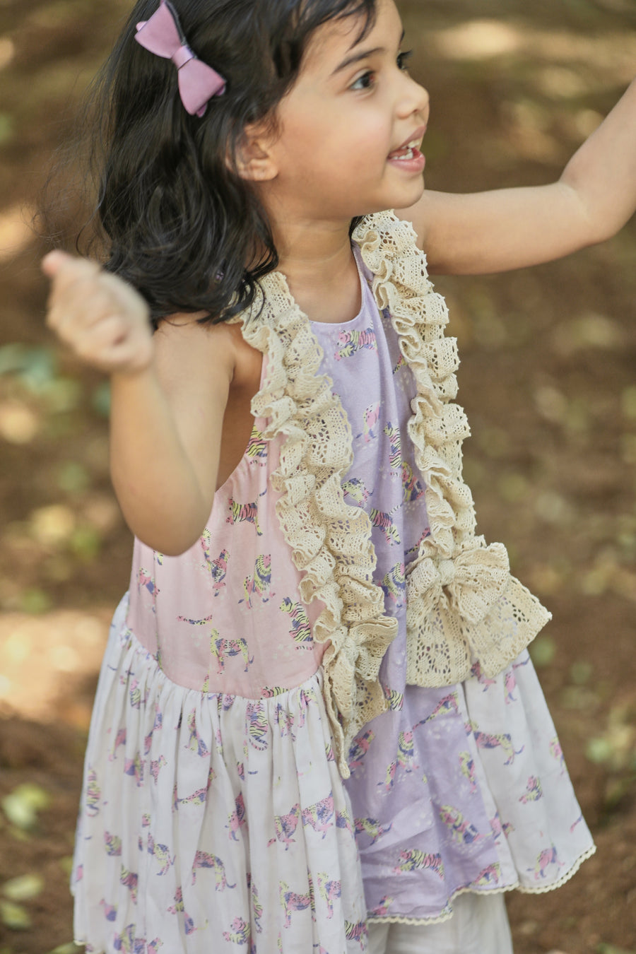 Off-white, Pink and Lavender Printed A-line kurta with Frills and Salwar