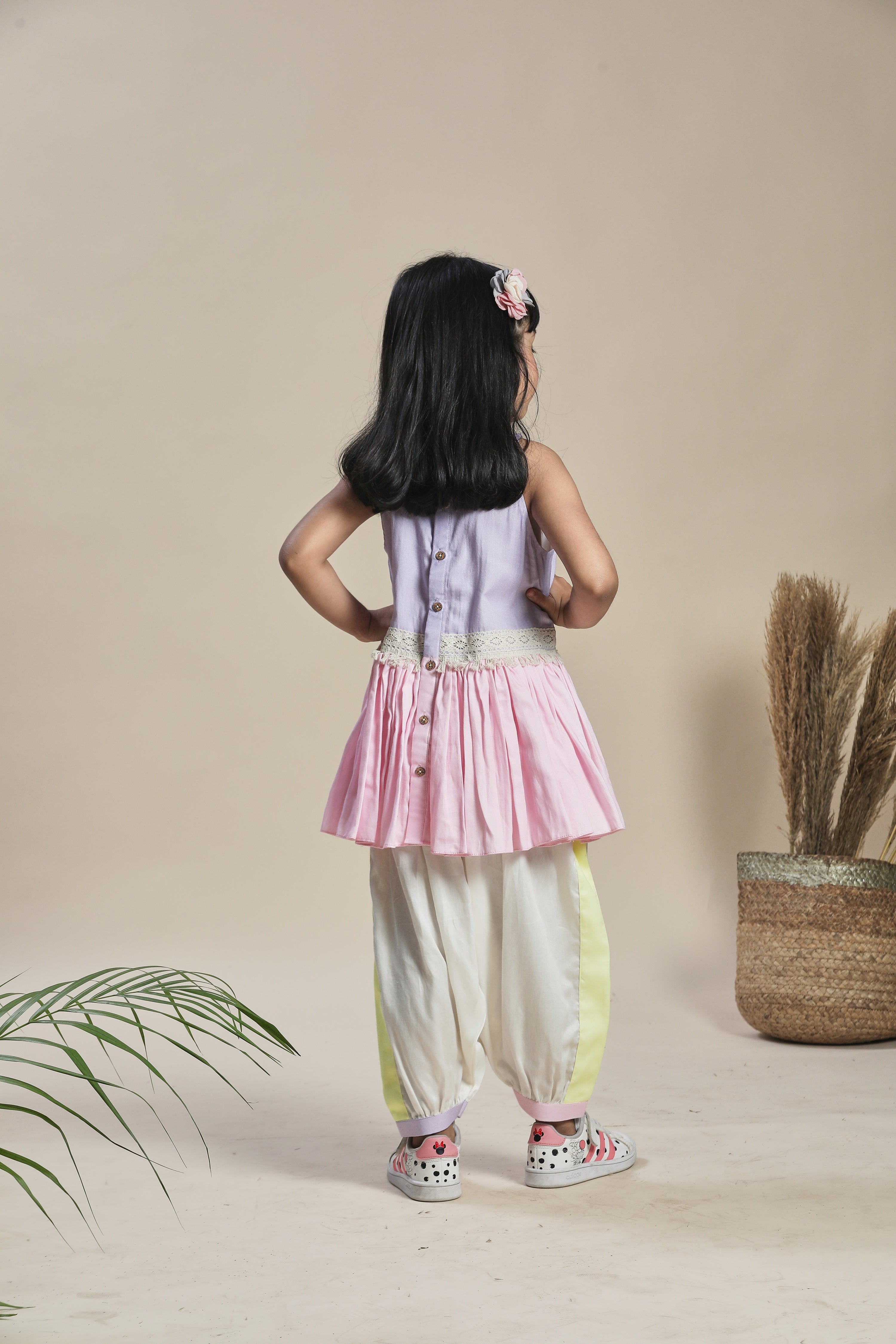 Yellow, Lavender and Pink A-line kurta with Frills and Salwar