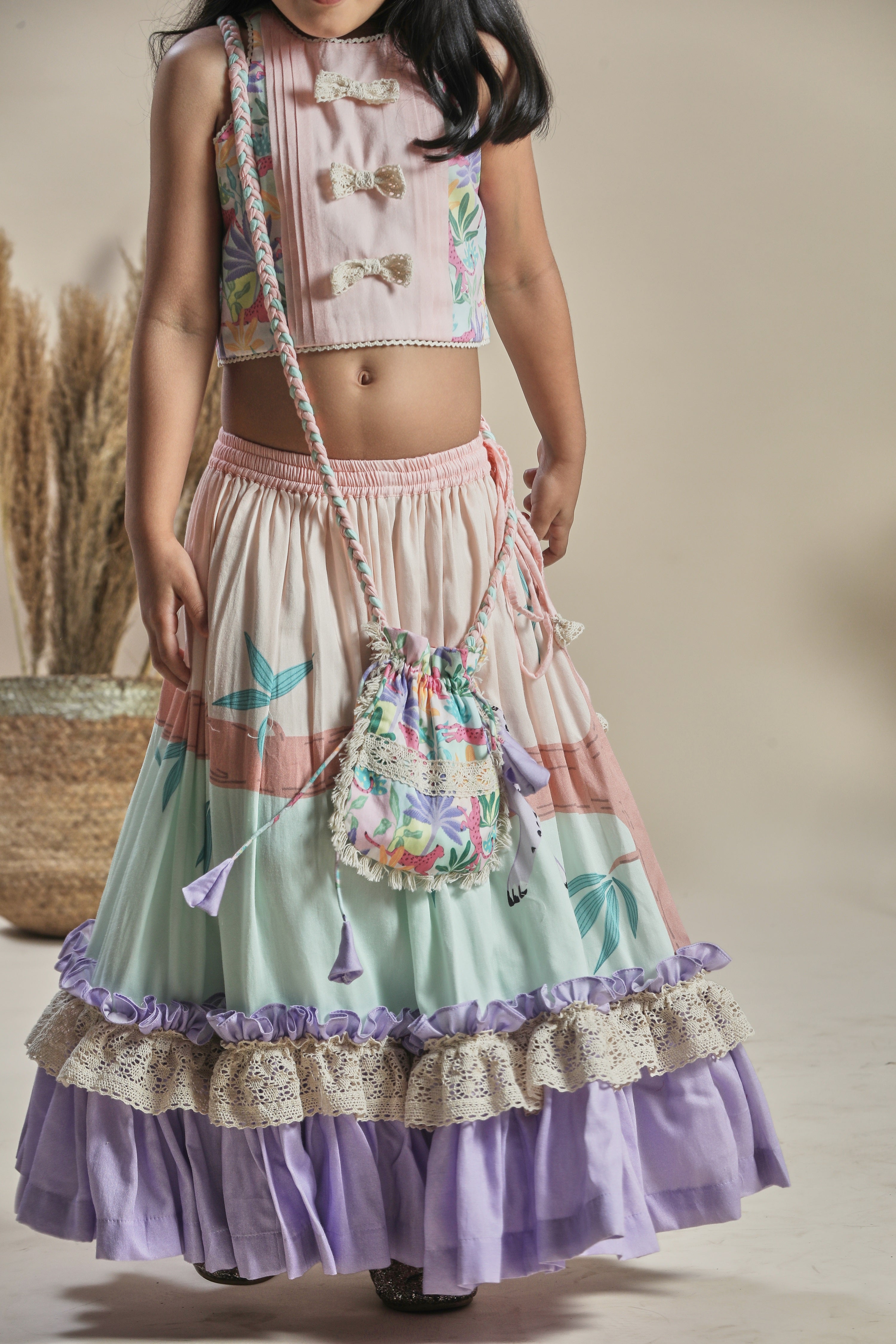 Buy Coral Lehenga In Net With Pleated Frill And Sequins Embellished Crop  Top Online - Kalki Fashion