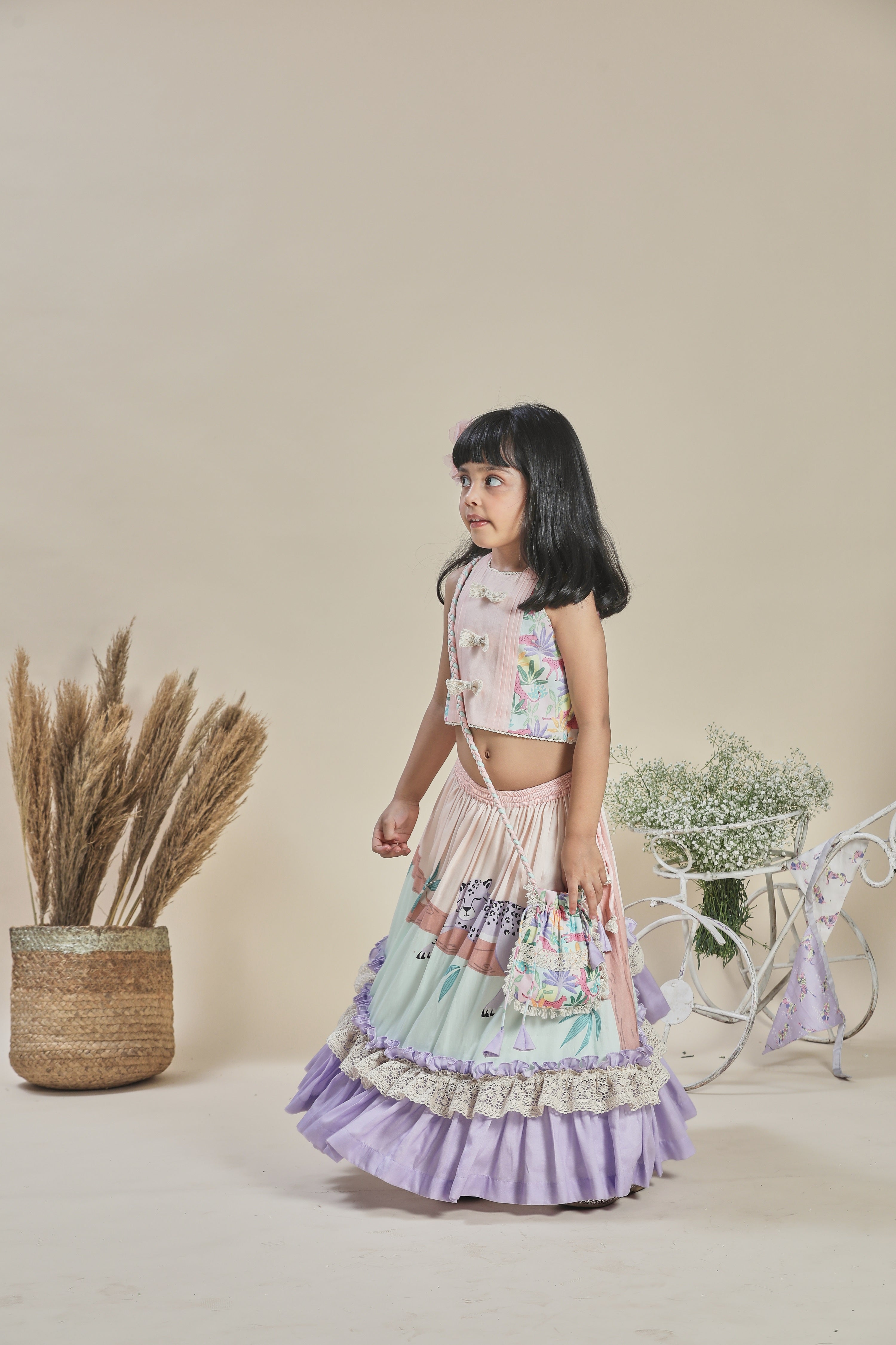 Peach and Mint Lehenga with Frills, Tropical Print Blouse and Potli Bag Set