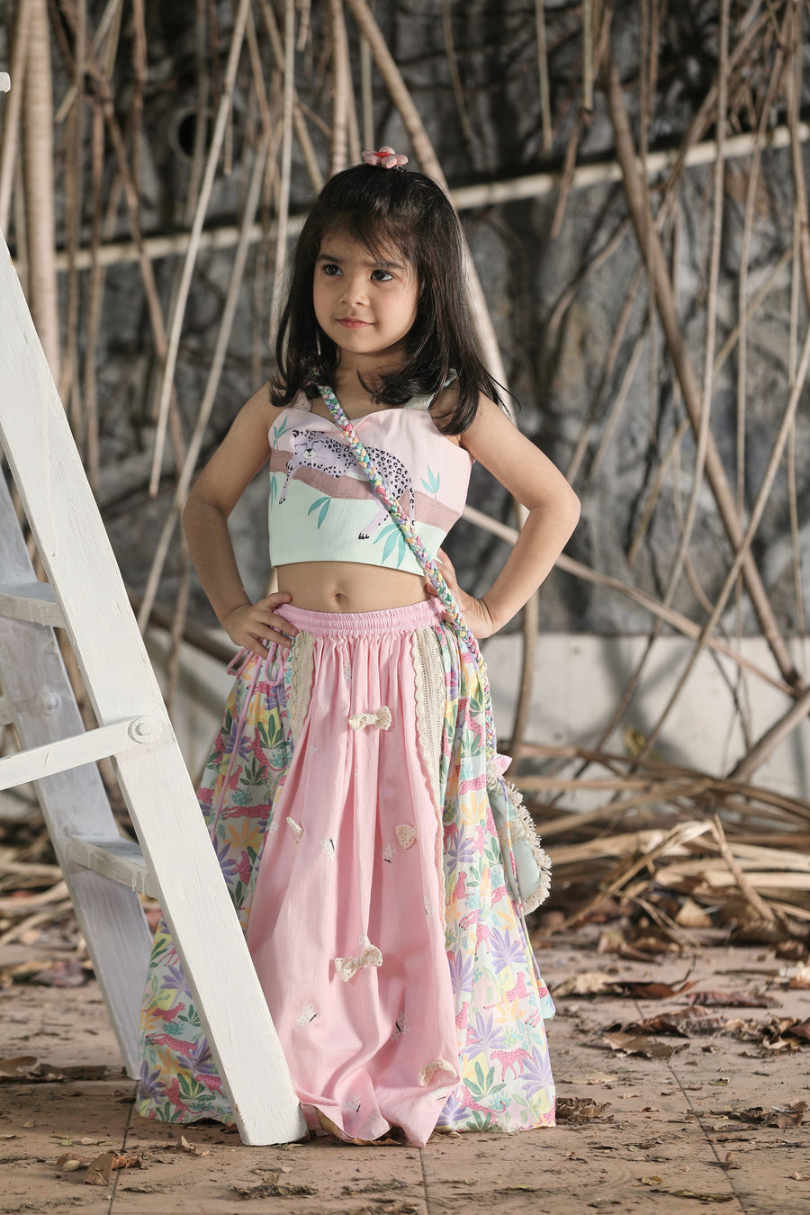 Tropical print and Pink lehenga, Strappy Blouse and Potli Bag Set