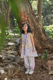 Off-white, Pink and Lavender Printed A-line kurta with Frills and Salwar