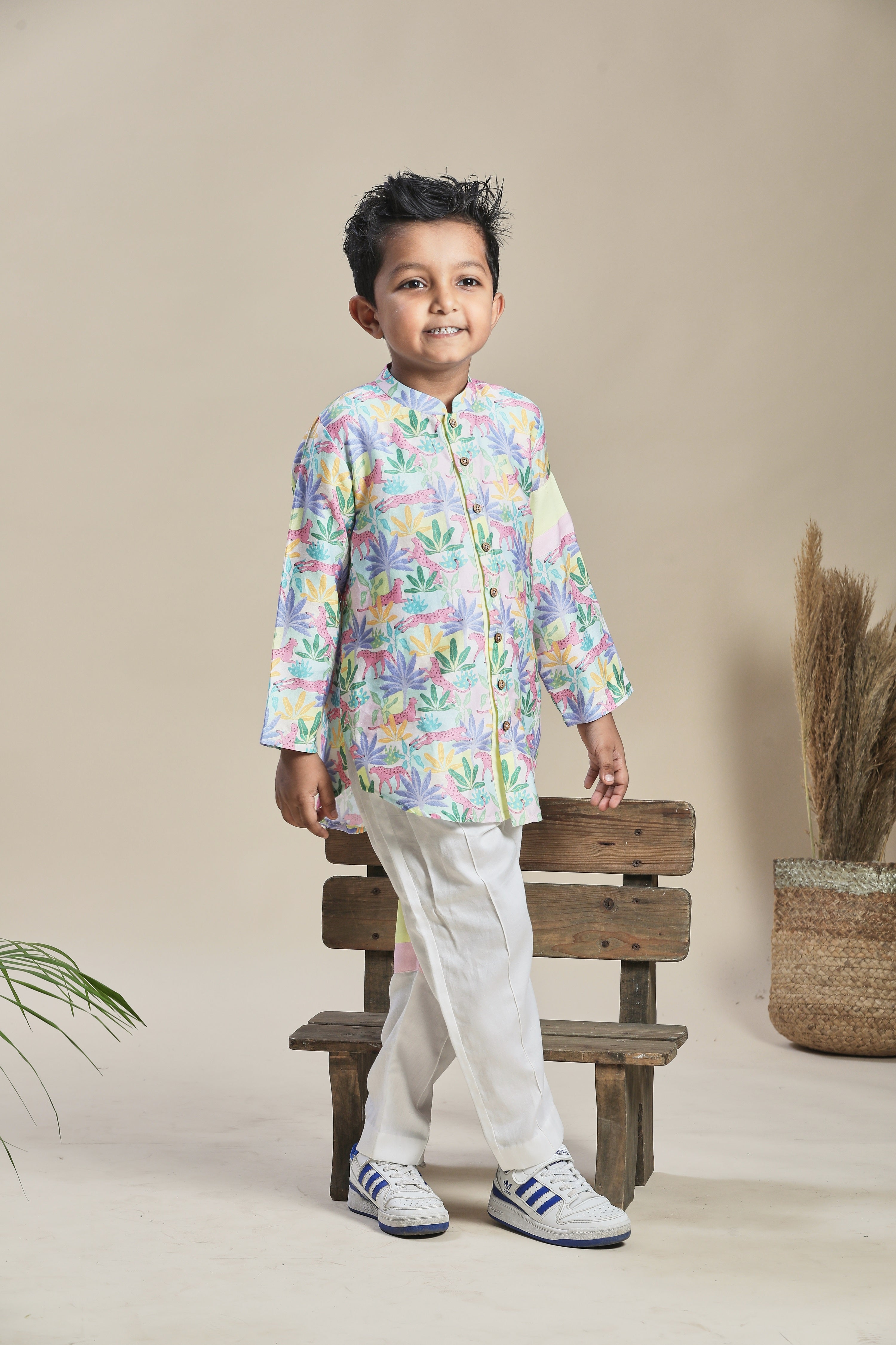 Tropical print Short Shirt Kurta and Pants Co-Ord Set