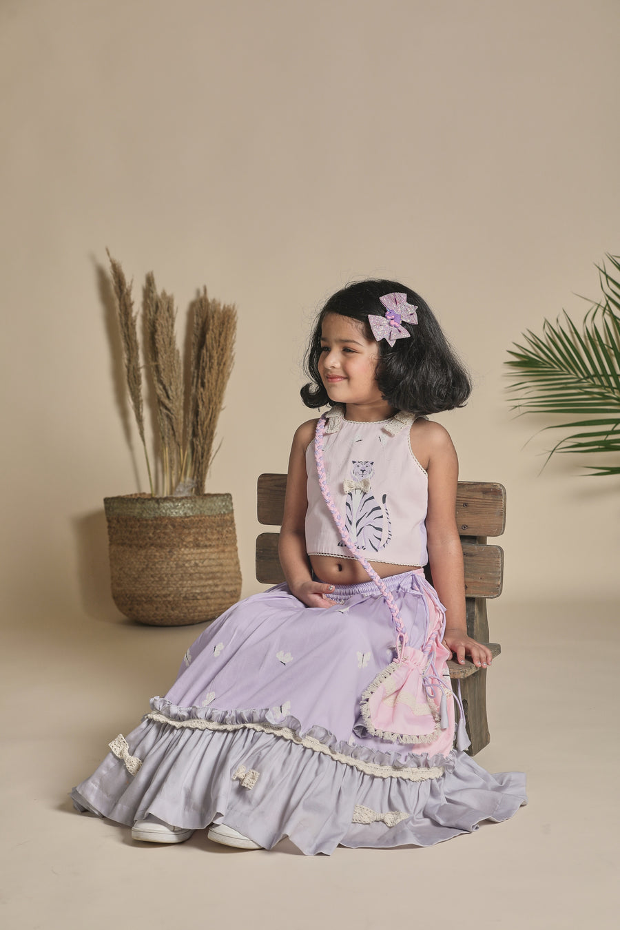 Pink and Lavender Lehenga with Frills, Blouse and Potli Bag Set