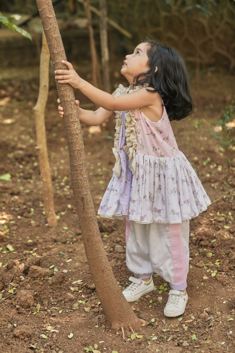 Off-white, Pink and Lavender Printed A-line kurta with Frills and Salwar