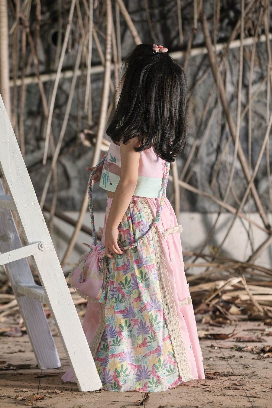 Tropical print and Pink lehenga, Strappy Blouse and Potli Bag Set