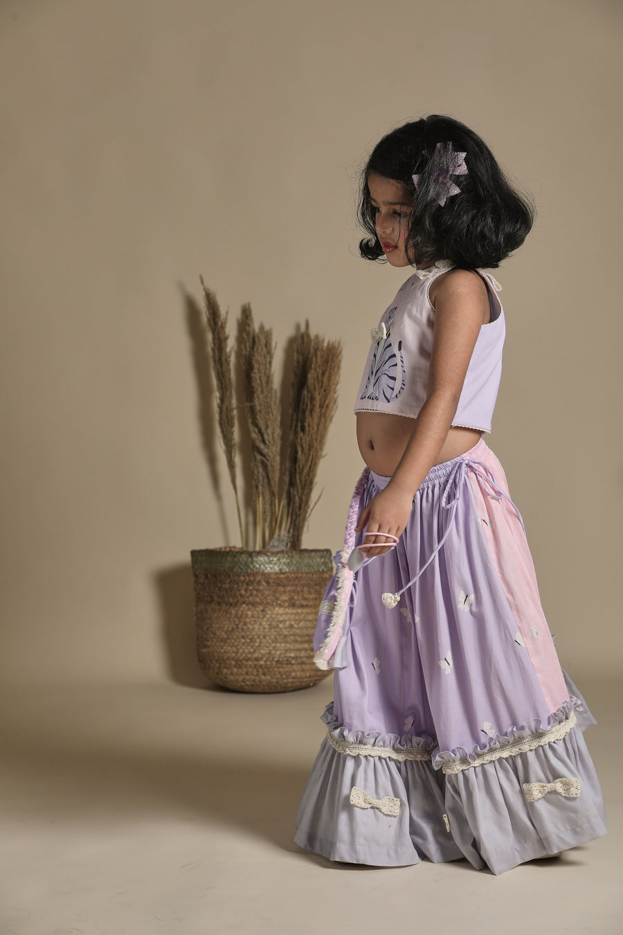 Pink and Lavender Lehenga with Frills, Blouse and Potli Bag Set