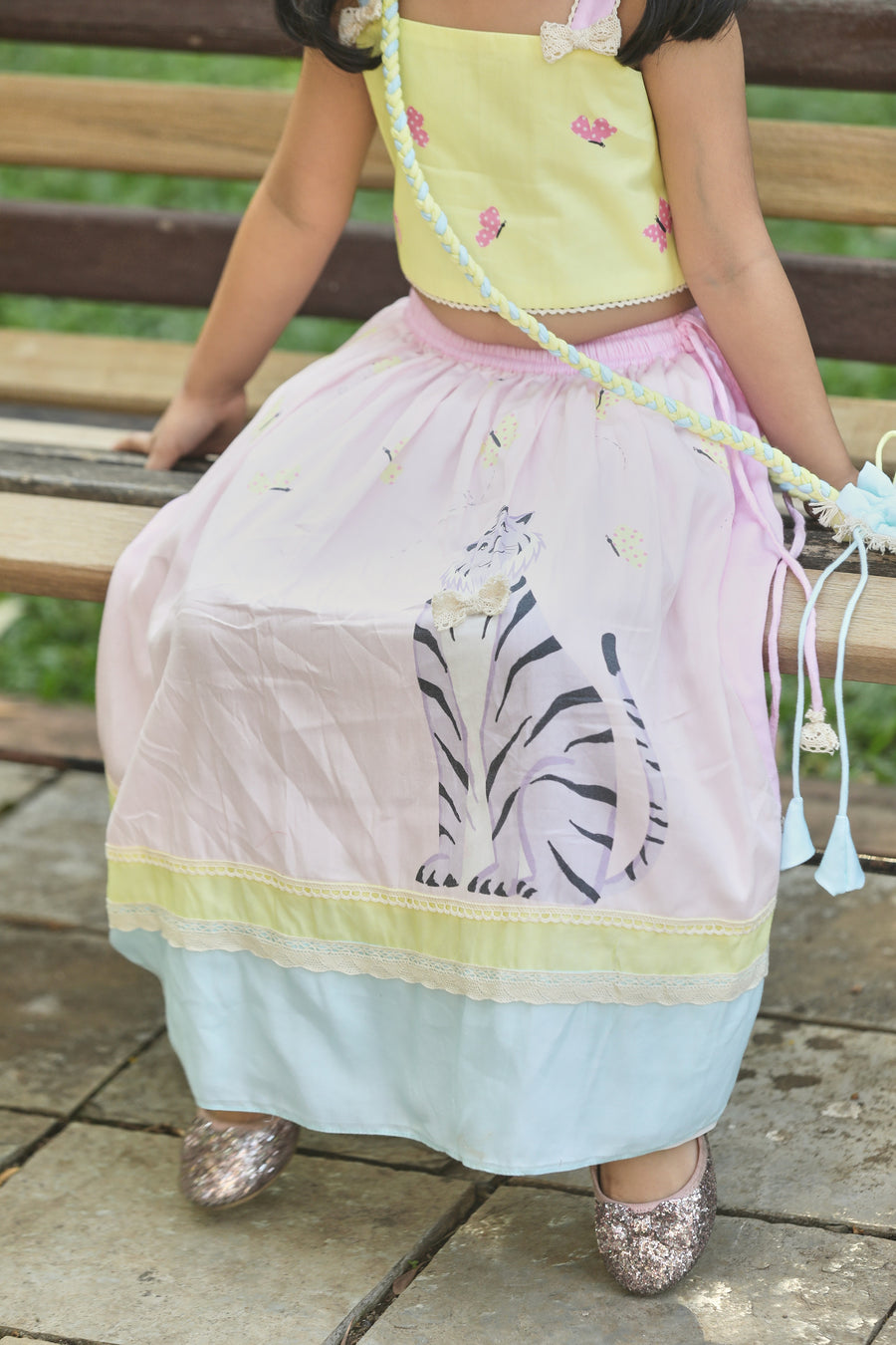 Tiger Print Yellow and Pink Lehenga, Strappy Blouse and Potli Bag Set