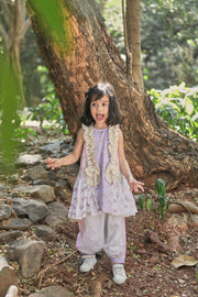 Off-white, Pink and Lavender Printed A-line kurta with Frills and Salwar