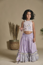 Pink and Lavender Lehenga with Frills, Blouse and Potli Bag Set