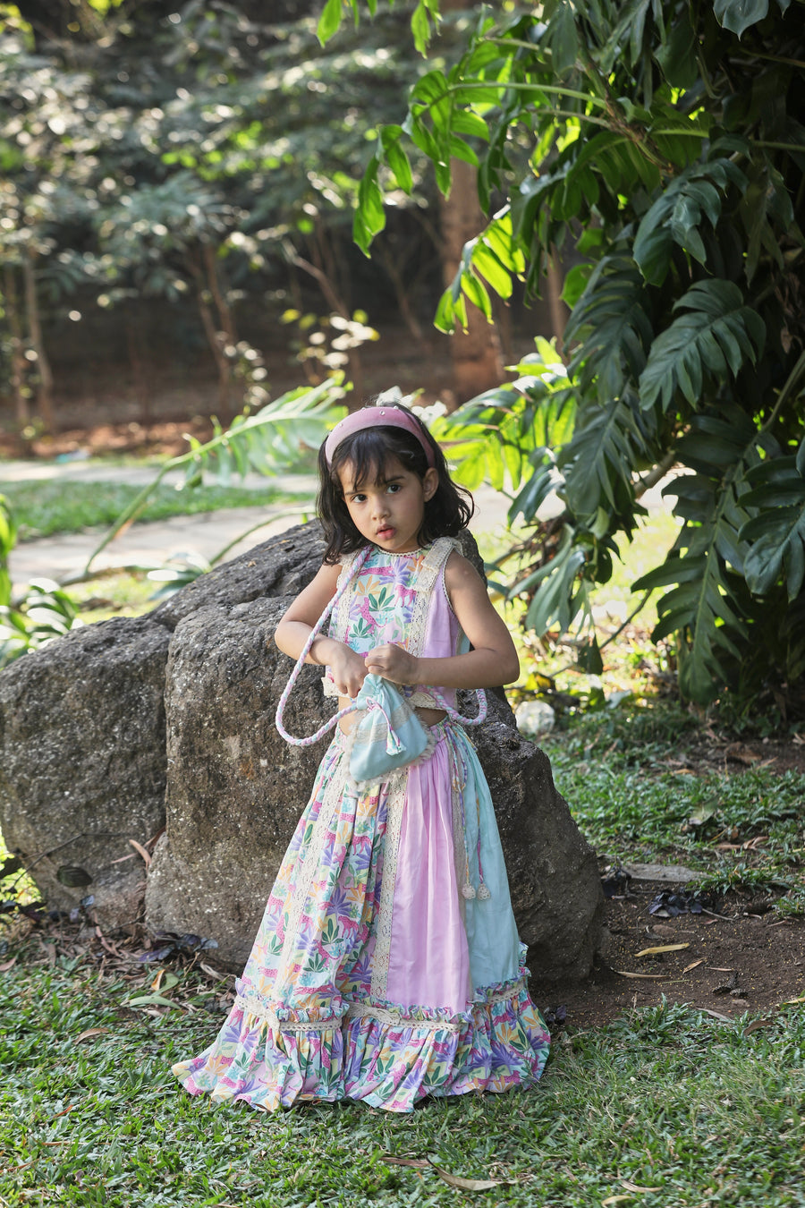 Tropical print Lehenga with kalis and frills, Blouse and Potli Bag Set