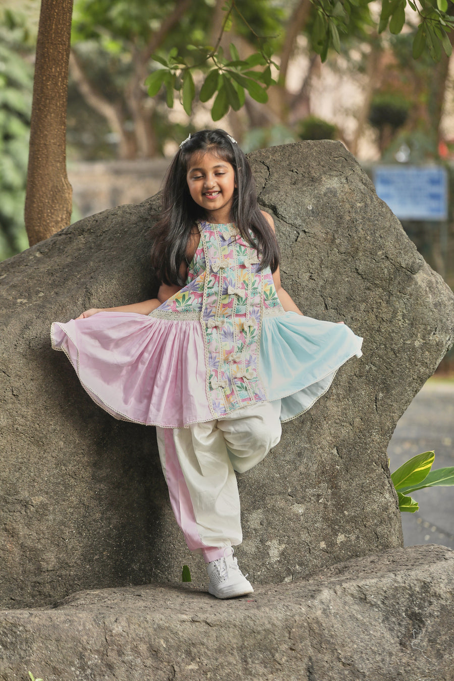 Tropical print A-line Kurta with Frills and Salwar