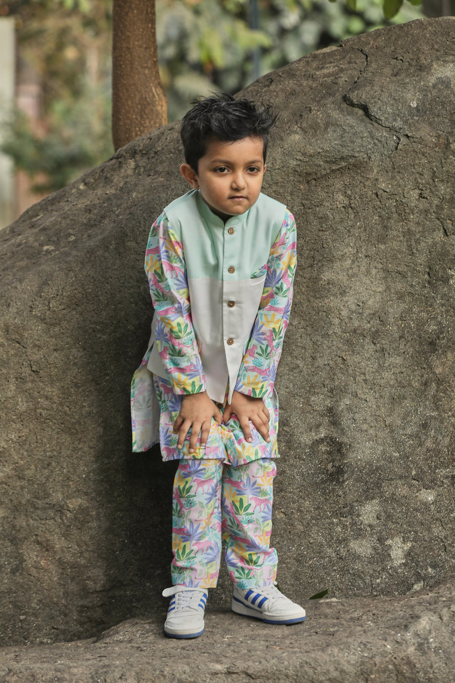 Tropical Print Kurta, Colour Blocked Bandi and Pants Set